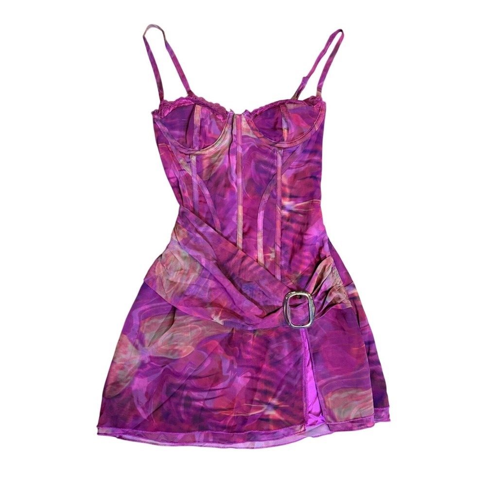 Outcast Corset Mini Dress Womens XXS Purple Good Mesh Y2K Fairy Grunge Buckle